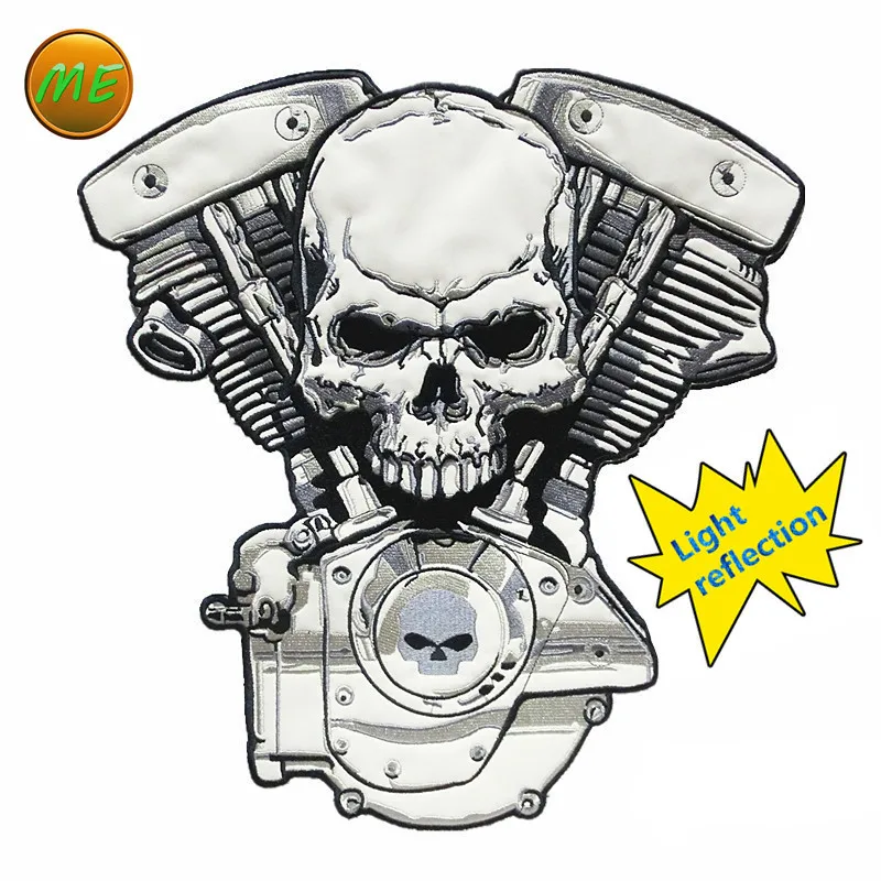 

Large Cloth DIY Patch badge engine skeleton Punk Biker Patches Motorcycle Embroidery light reflection classic Jean vest Jackets