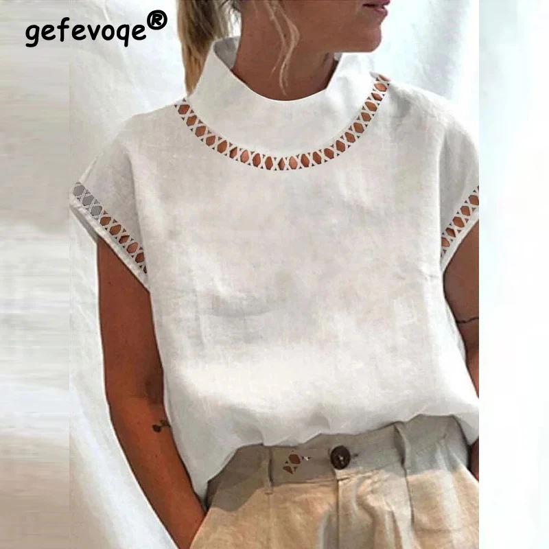 Women's Clothing Vintage Hollow High Collar Cotton Linen Comfortable T Shirts Summer Casual Simple Solid Short Sleeve Loose Tops
Women's Clothing Vintage Hollow High Collar Cotton Linen Comfortable T Shirts Summer Casual Simple Solid Short Sleeve Loose Tops