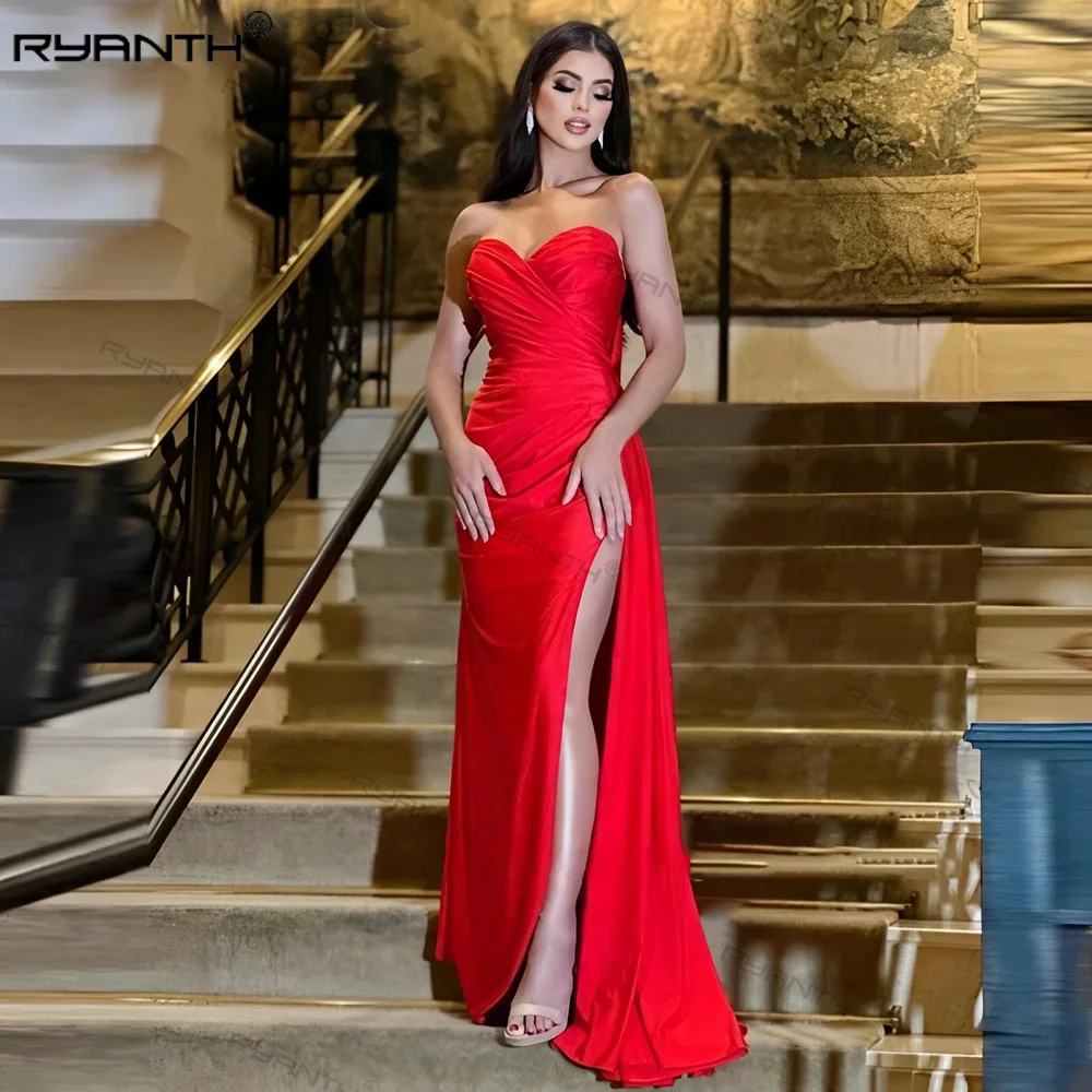 

Ryanth Red Side Slit Mermaid Prom Dress Off Shoulder Evening Dress Sweep Train Short Sleeve Carpet Perform Celebrity Dress 2024