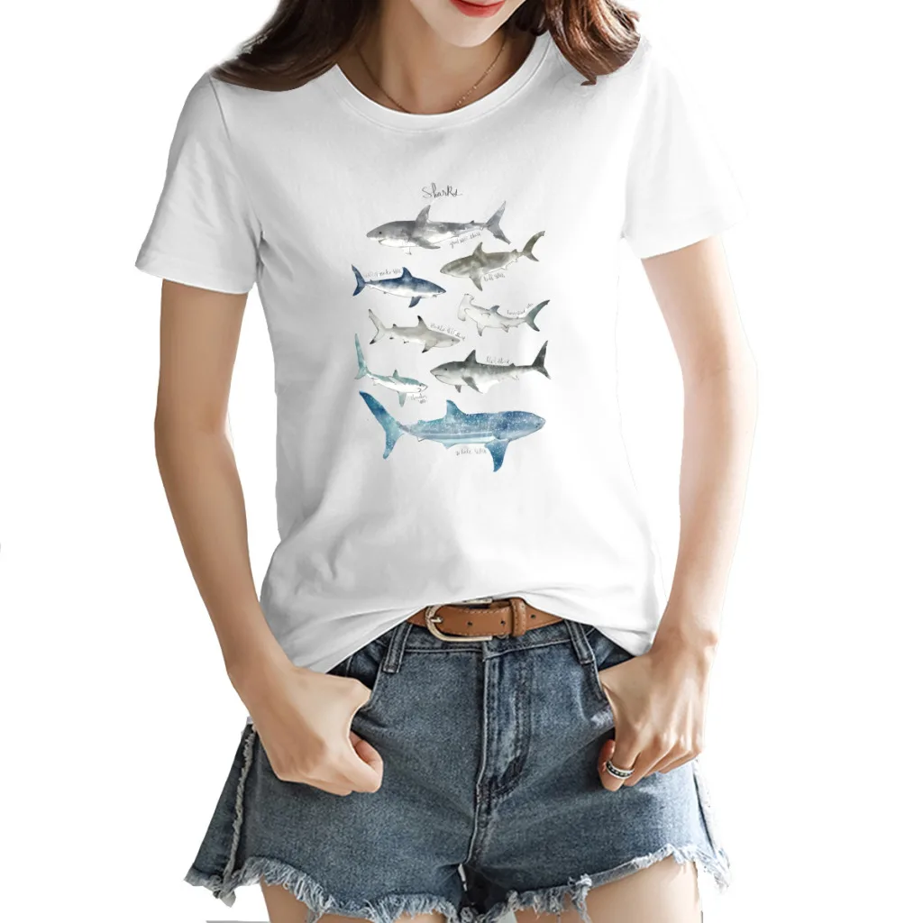 Женская футболка с принтом Shark, с круглым вырезом и коротким рукавом, повседневная, веселая, милая, для лета
Женская футболка с принтом Shark, с круглым вырезом и коротким рукавом, повседневная, веселая, милая, для лета