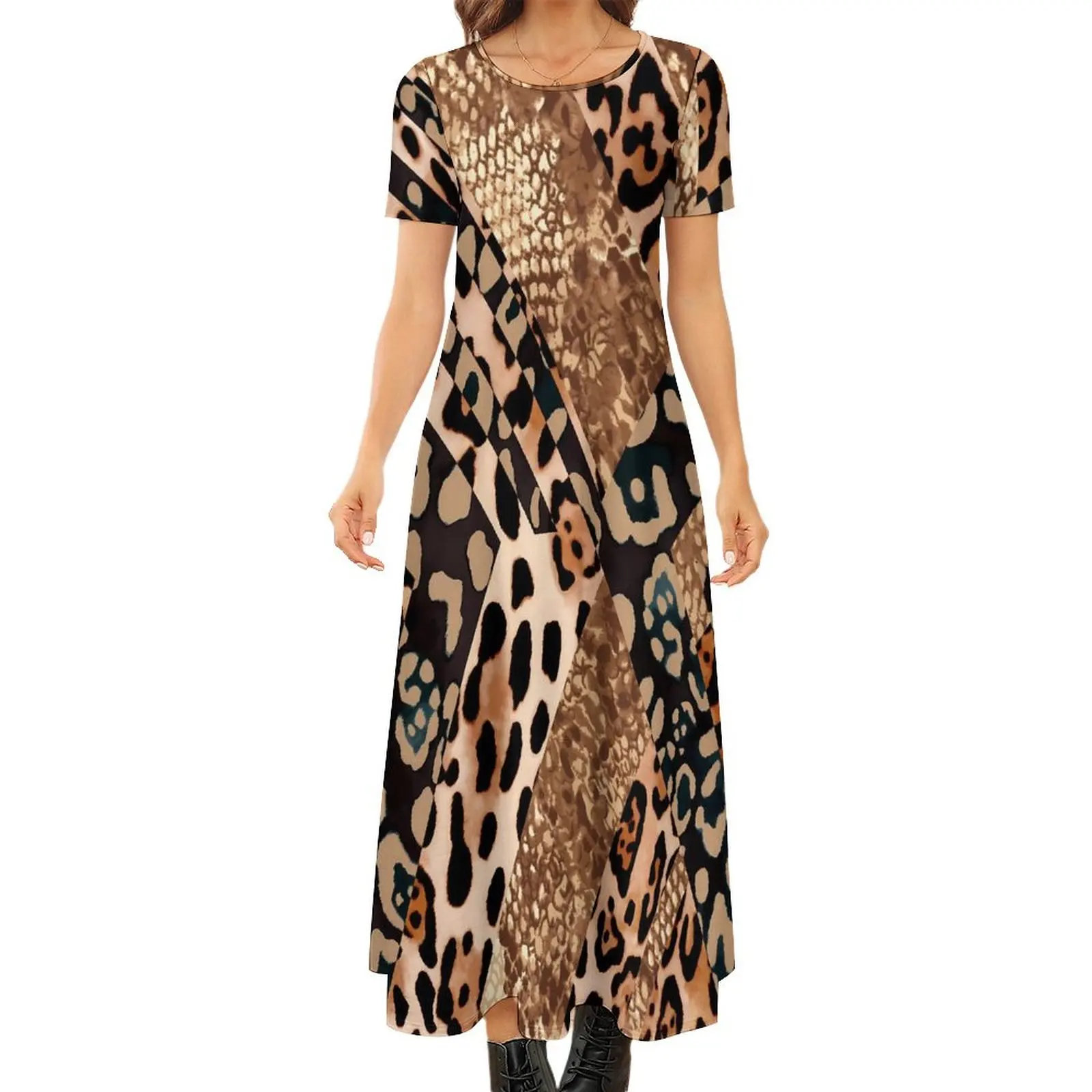 

Abstract Snakeskin Dress Leopard Print Vintage Maxi Dress Women Short Sleeve Street Style Bohemia Long Dresses Big Size 6XL 7XL