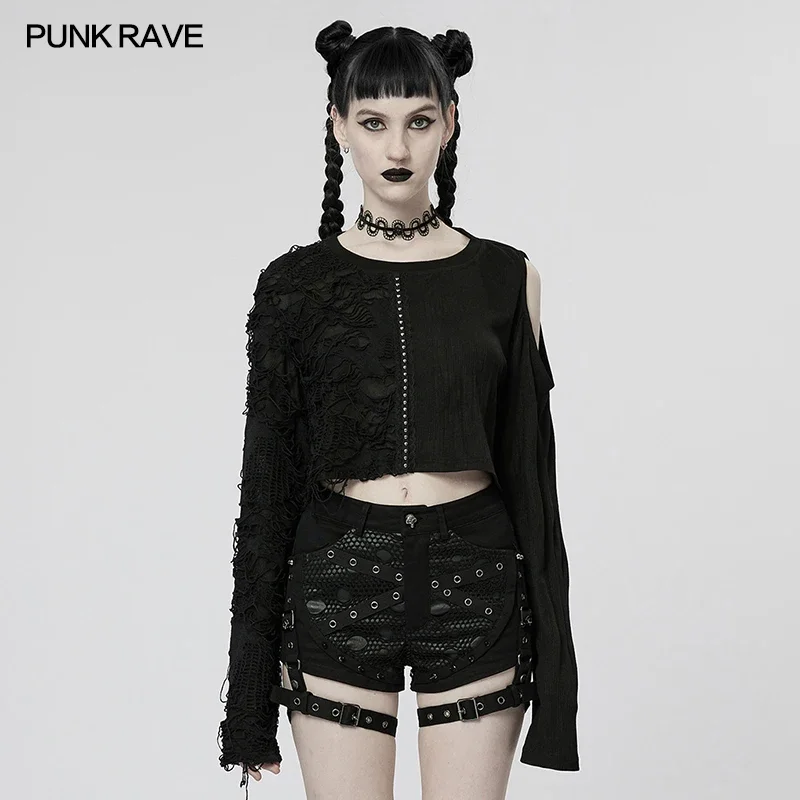 

PUNK RAVE Women's Gothic Splicing Long Sleeves T-shirt Daily Asymmetrical Handsome Casual Loose Short Tops Tees Spring & Autumn