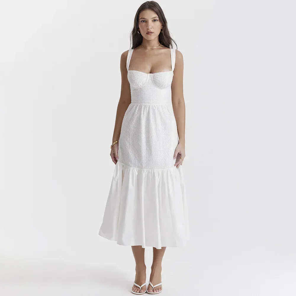 

Mingmingxi White Women's Summer Dress 2023 Linen-cotton Blend Jacquard Dress Elegant Sexy Midi Vacation Holiday Dress