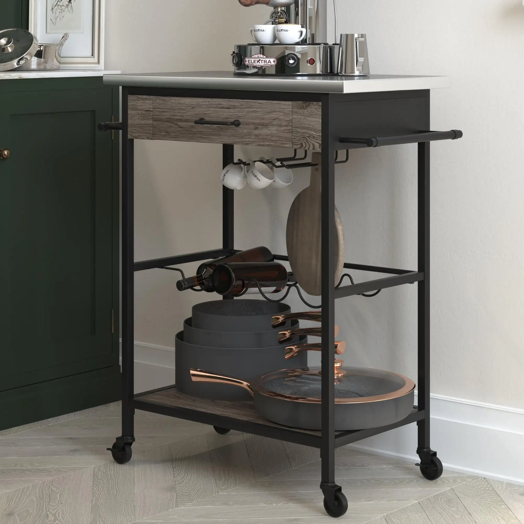 Novogratz Nora Multifunctional Kitchen Cart, Wine Rack and Pantry Storage, Stainless Steel and Black Metal, Brown
Novogratz Nora Multifunctional Kitchen Cart, Wine Rack and Pantry Storage, Stainless Steel and Black Metal, Brown