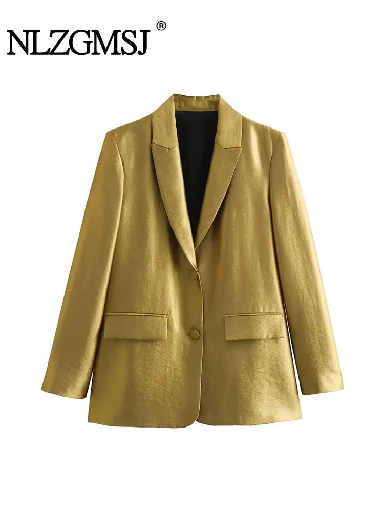 

Nlzgmsj TRAF Gold Metallic Women Coat 2023 Autumn Casual Party Long Sleeve Buttons Blazer Office Suit Jacket Female Top Y2K