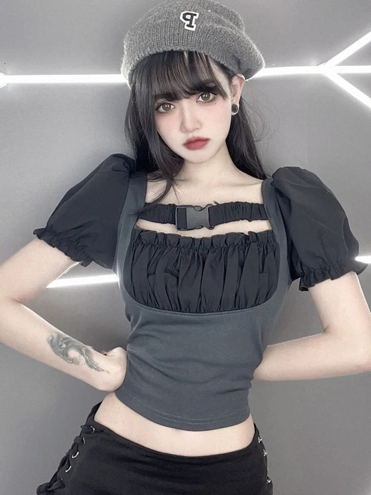 Summer Vintage Sweet Lazy Sexy Slim Splicing T-Shirt Streetwear Diablo Style Puff Sleeve Leisure Perspective Harajuku Tee Women
Summer Vintage Sweet Lazy Sexy Slim Splicing T-Shirt Streetwear Diablo Style Puff Sleeve Leisure Perspective Harajuku Tee Women