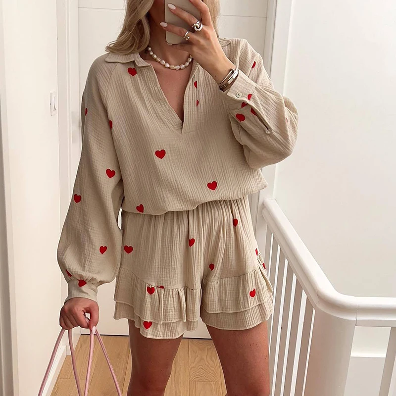 

Sweet Red Heart Print Two Piece Set for Women Spring Long Sleeve V-neck Top+Ruffle Shorts Outfit Summer Casual Loose Office Suit