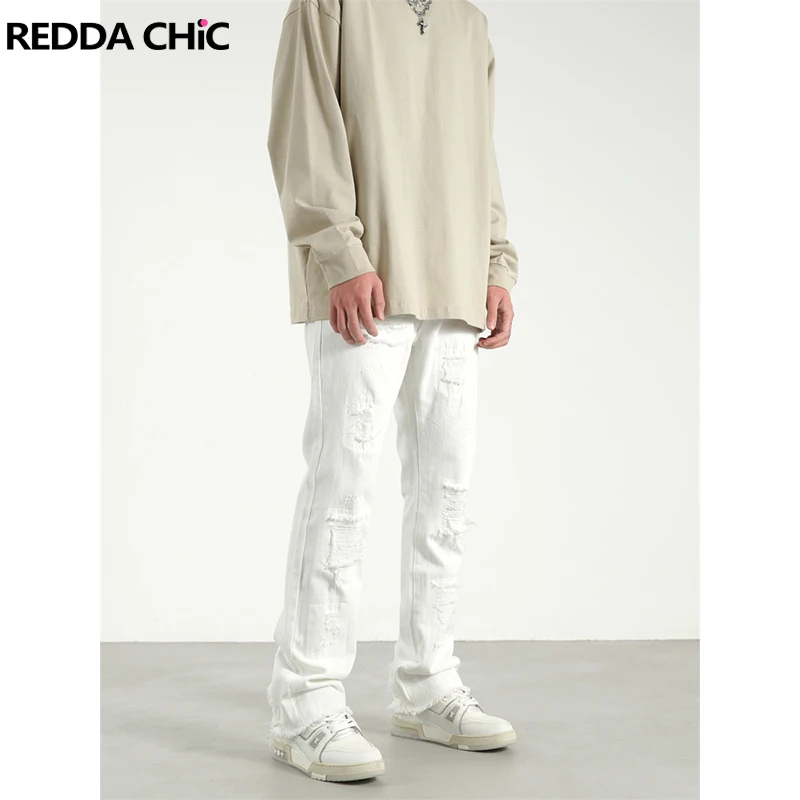 

ReddaChic Hip Hop Men's Ripped Jeans Vintage White Destroyed Frayed Pencil Pants Cyberpunk Y2k Trousers Harajuku Emo Streetwear