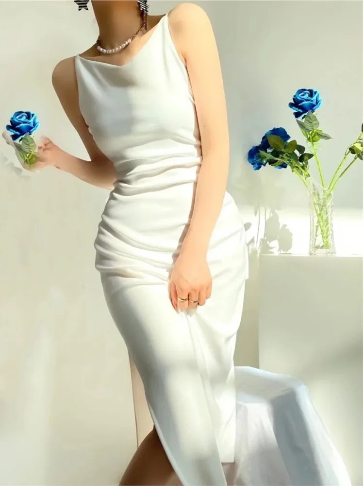 

Платье женское средней длины на бретелях, элегантный облегающий пикантный белый халат без рукавов, для дня рождения, шикарная одежда, на лето