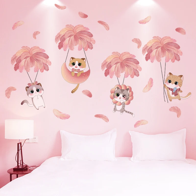 

[SHIJUEHEZI] Cats Animals Wall Stickers DIY Cartoon Feathers Wall Decals for Kids Room Baby Bedroom Nursery Home Decoration