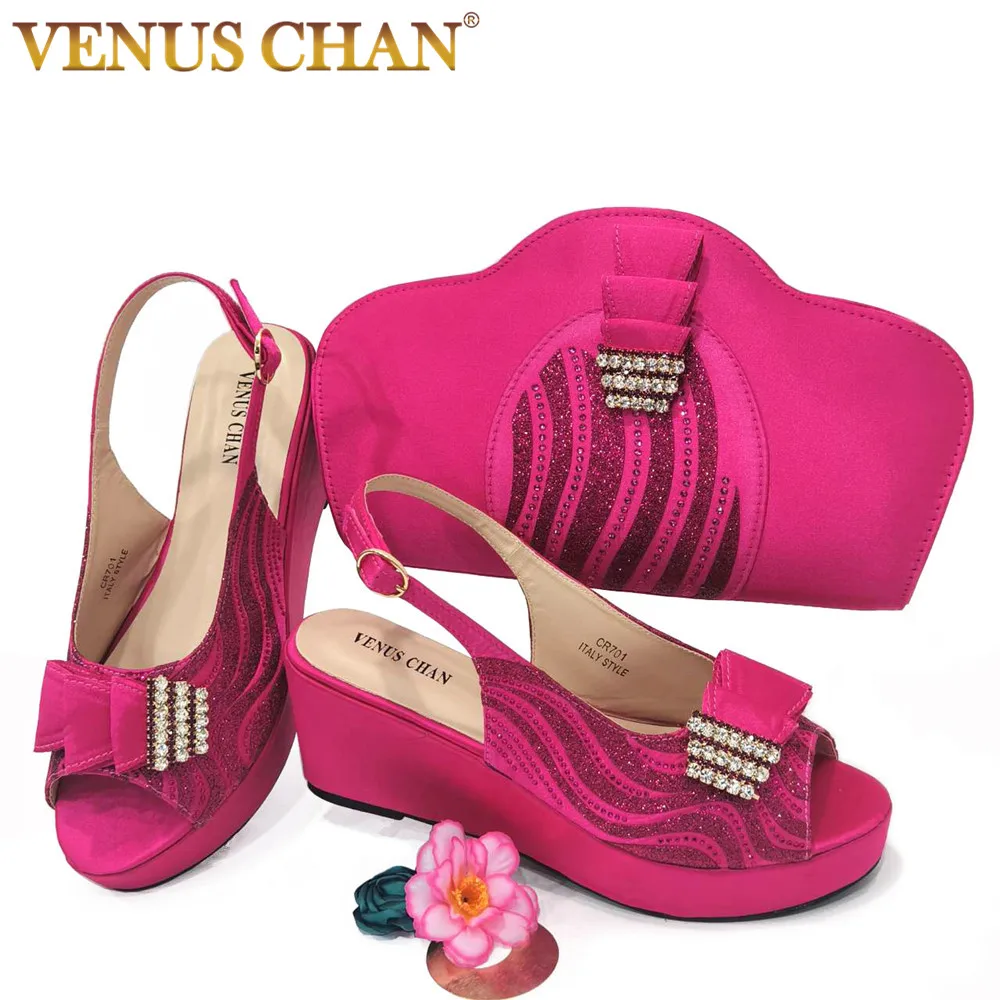 

Venus Chan Italian Design Wedding Wedges hHigh Heels Fuchsia Color Ladies Shoes With Matching Bag Set Nigerian for Party