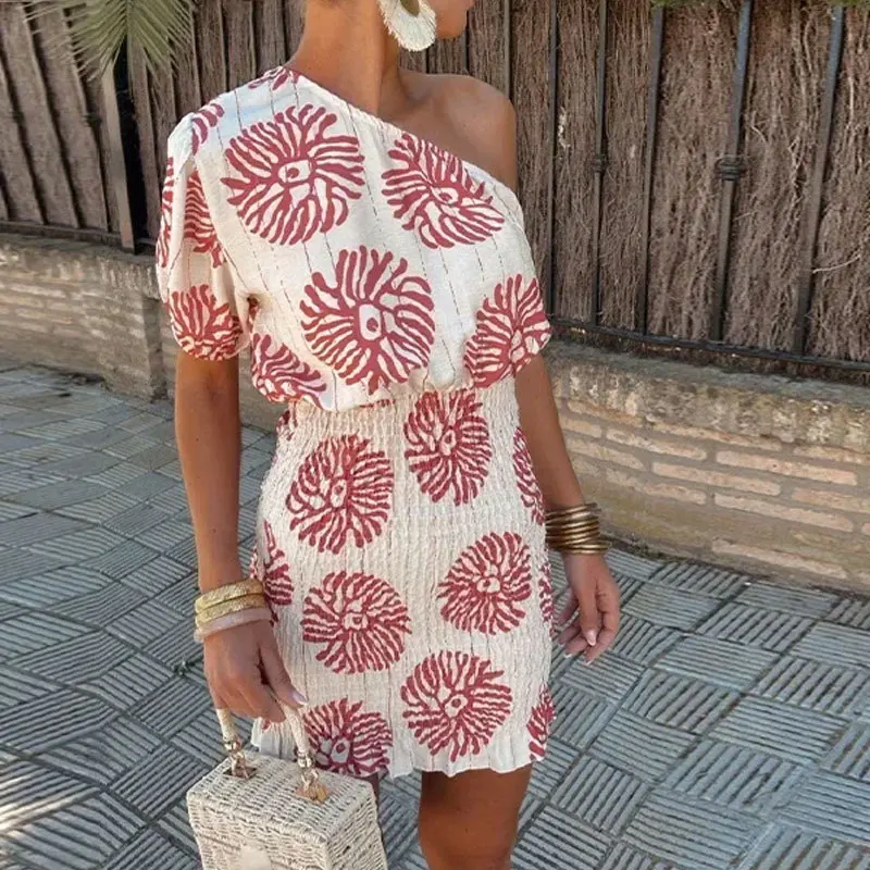 

2024 summer new women's diagonal collar print elegant one-shoulder short-sleeved fashion elegant dress