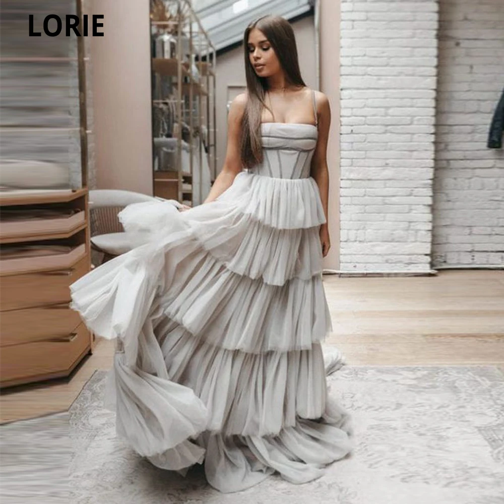 

LORIE Spaghetti Straps Tulle Long Silver Evening Dresses Tiered Sweep Train Prom Dress Formal Celebrity Prom Gowns Party Dresses