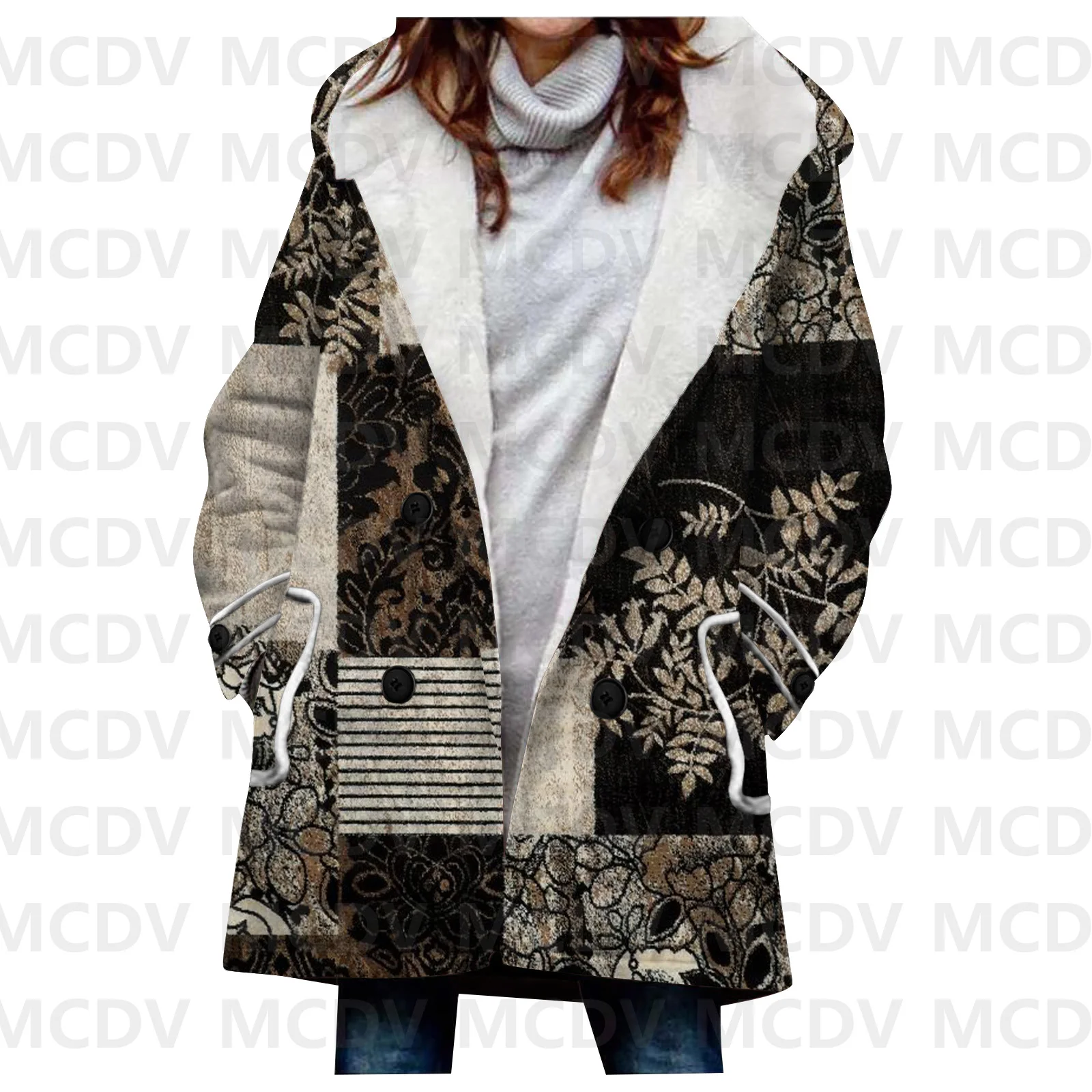 

Retro 3D Printed Fleece Hooded Cloak Women Thick Warm Coat Women's Winter Warm Overcoat Casual Clothes 15 Color