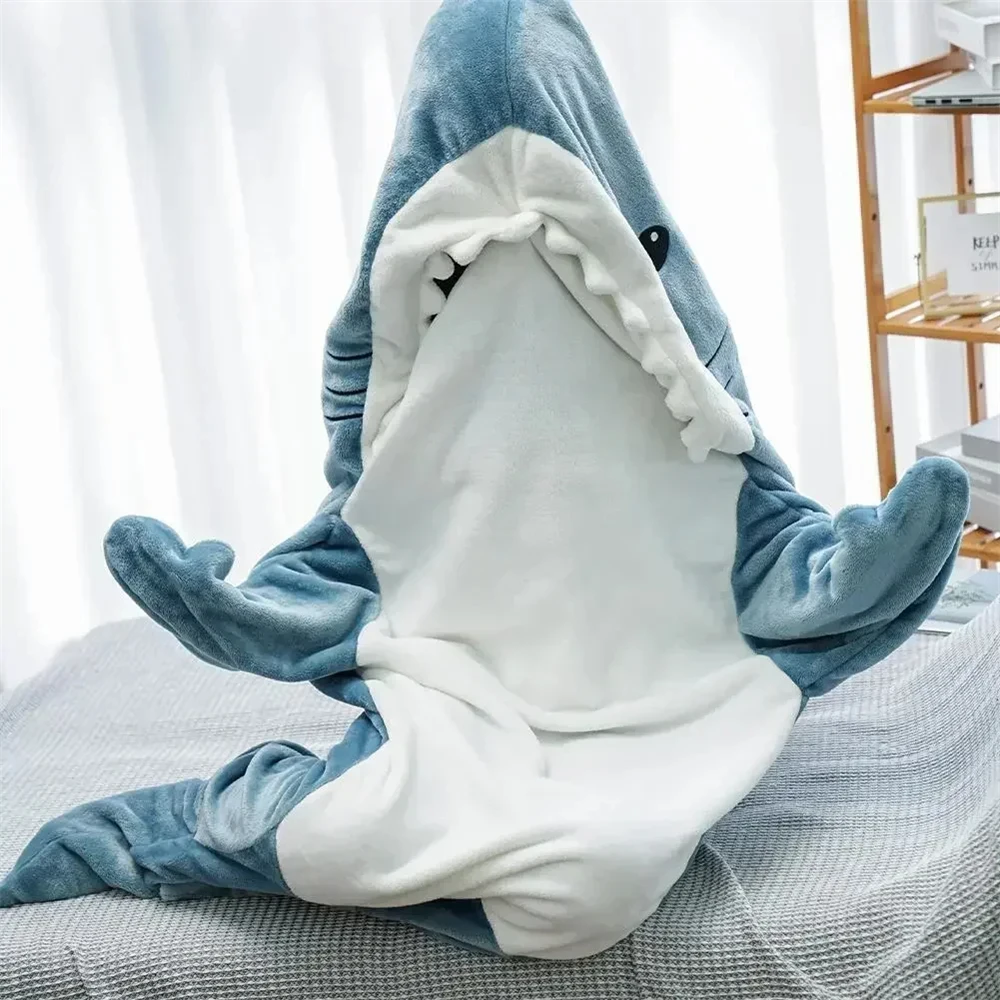 

Cartoon Shark Blanket Hoodie Women Kigurumi Playsuit Kids Parents Hooded Warm Flannel Funny Homewear Shark Onesie Sleeping Bag