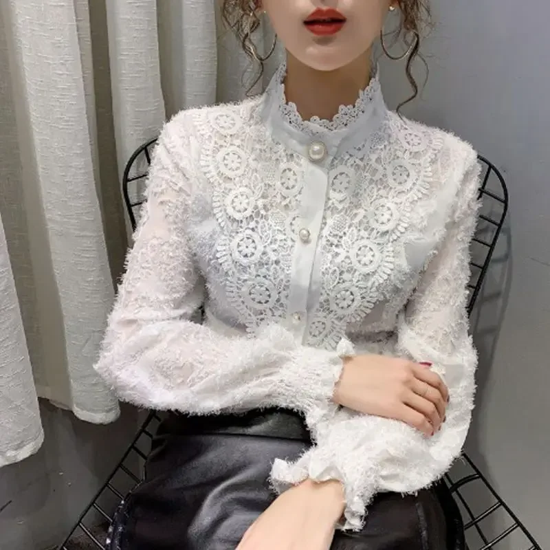 

Women Tops Elegant Long Sleeve Blouse Spring Stand Collar Stitching Lace Spliced Shirt Casual Slimming Clothes Blusas T343