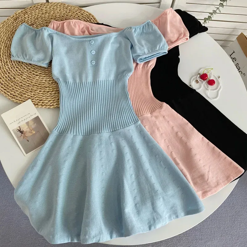 Zoki Korean Knitted Woman Dress Summer Slash Neck Puff Sleeves Casual Dress Y2K Ladies Sweet Preppy Tunic All-Match Vestidos New
Zoki Korean Knitted Woman Dress Summer Slash Neck Puff Sleeves Casual Dress Y2K Ladies Sweet Preppy Tunic All-Match Vestidos New