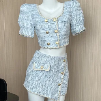 Elegant Chic Vintage Tweed Sets Women Outfits Puff Sleeve Double Breasted Cropped Tops   Asymmetrical Mini Skirt Two Piece Suits