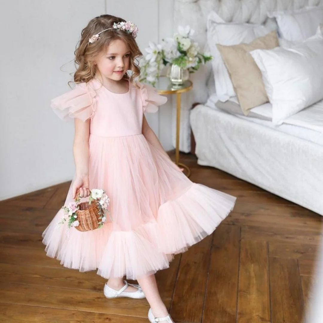 

Flower Girl Dresses Champagne Tulle 3D Appliques Flowers 3/4 Sleeve For Wedding Birthday Party First Communion Gowns