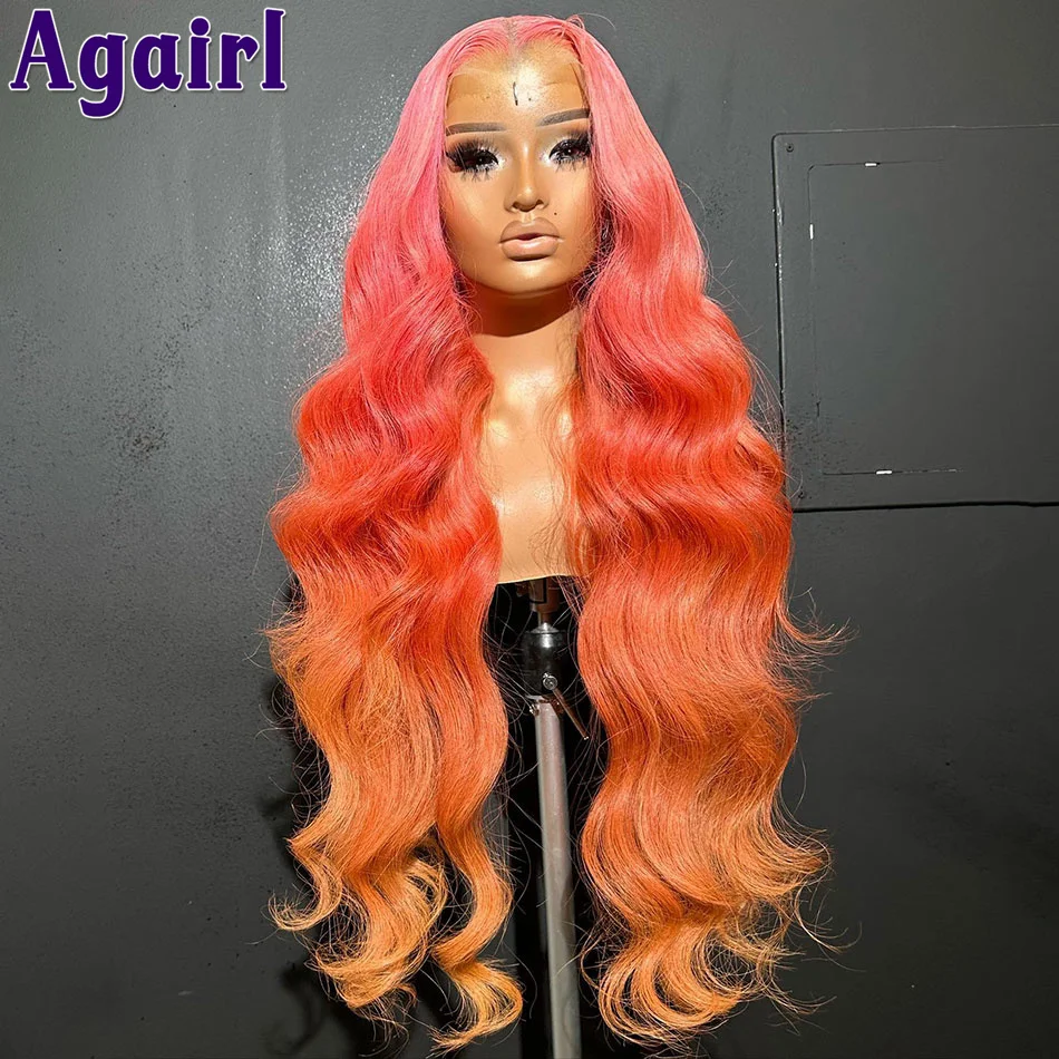 

200% Density Ombre Pink Orange 613 Colored Lace Front Wig Human Hair Transparent 13X6 13X4 Body Wave Lace Frontal Wigs For Women