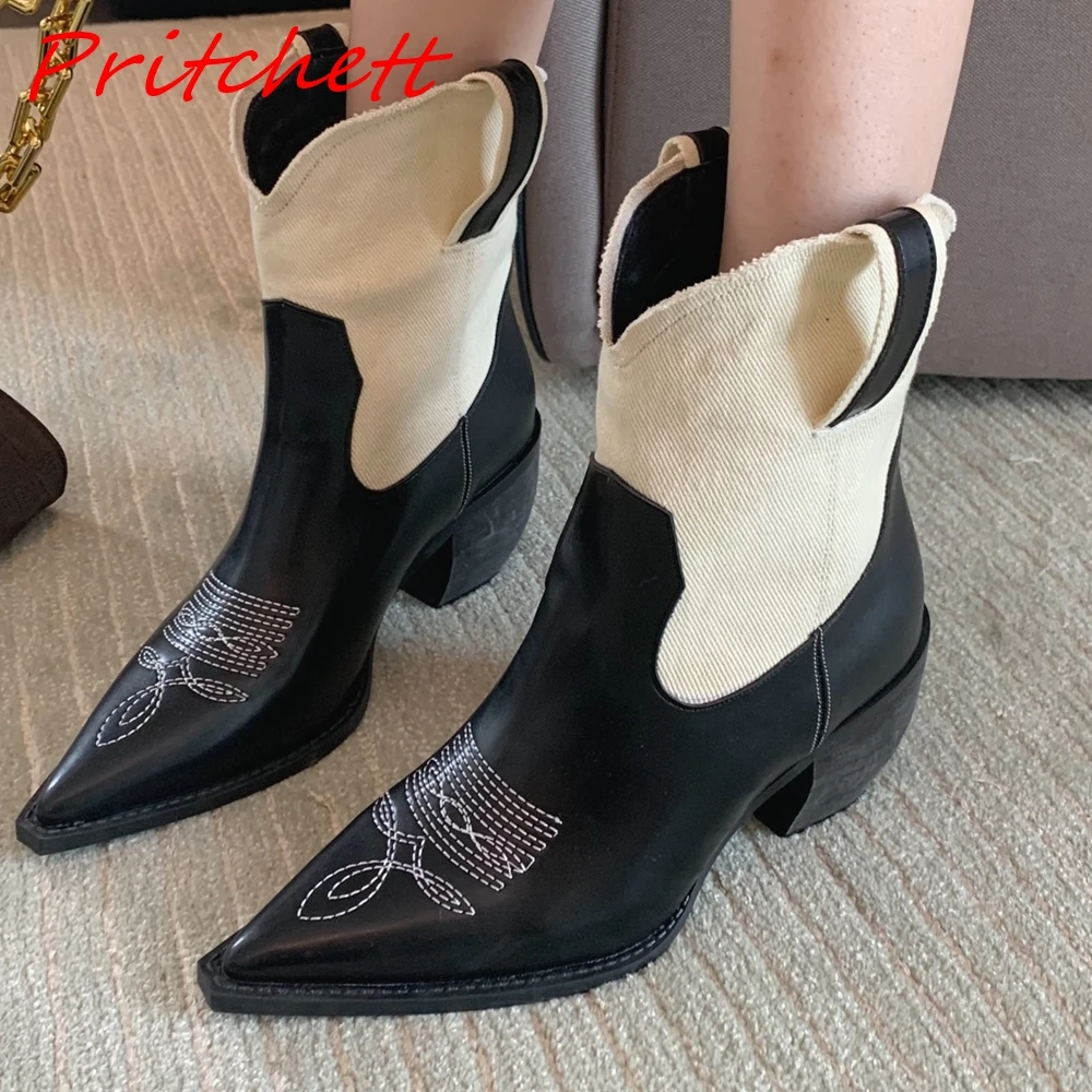

Cloth Leather Splicing Ankle Boots Women Pointed Toe Embroidery Slip On Chunky Heels 2023 New Spring Autumn Fashion Short Boots