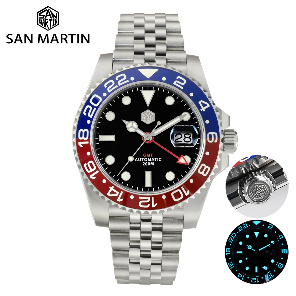 San Martin GMT Luxury Men Watch Top Brand Bidirectional Ceramic Bezel Sapphire Cyclops Waterproof 20Bar Date BGW-9 Luminous
San Martin GMT Luxury Men Watch Top Brand Bidirectional Ceramic Bezel Sapphire Cyclops Waterproof 20Bar Date BGW-9 Luminous