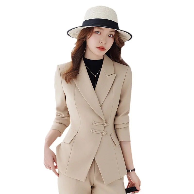 

2023 Fashion Office Ladies Blazer Pant Suit Women Female Business Work Wear Jacket and Trouser Apricot Black Formal 2 Piece Set