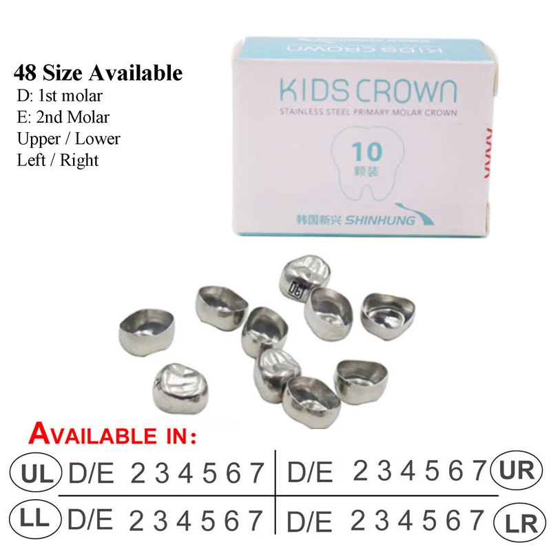 Korea SHINHUNG 10Pcs/Box Dental Kids Crown Stainless Steel Primary Temporary Molar Refill for Upper/Lower Left/Right Molar
Korea SHINHUNG 10Pcs/Box Dental Kids Crown Stainless Steel Primary Temporary Molar Refill for Upper/Lower Left/Right Molar