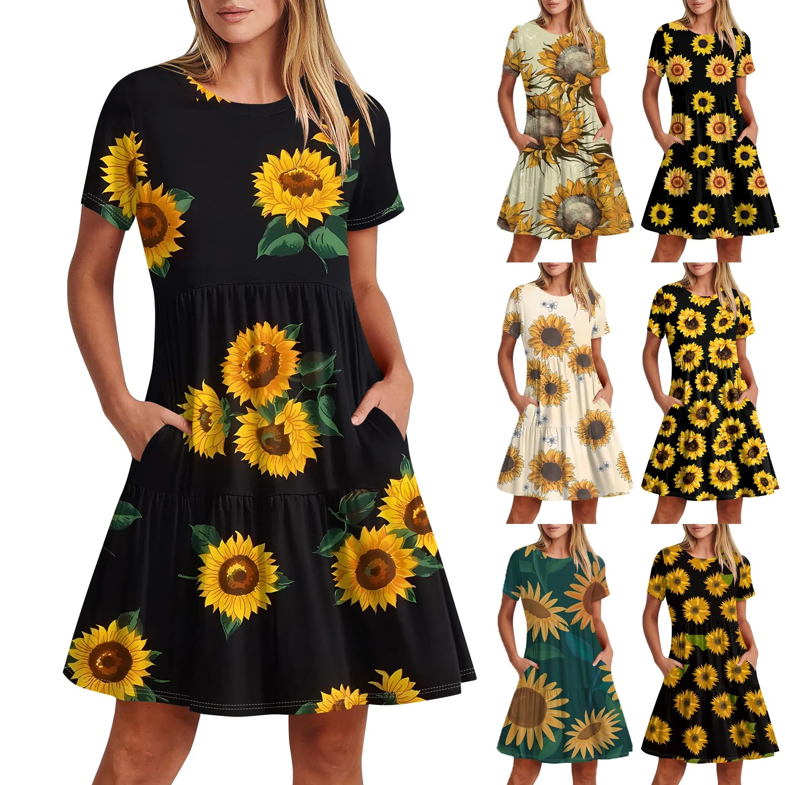 Elegant Women'S Fashion Sunflower Print Dress Women'S Classic Round Neck Short Sleeve Mini Dress Summer Women Vestidos Cortos
Elegant Women'S Fashion Sunflower Print Dress Women'S Classic Round Neck Short Sleeve Mini Dress Summer Women Vestidos Cortos