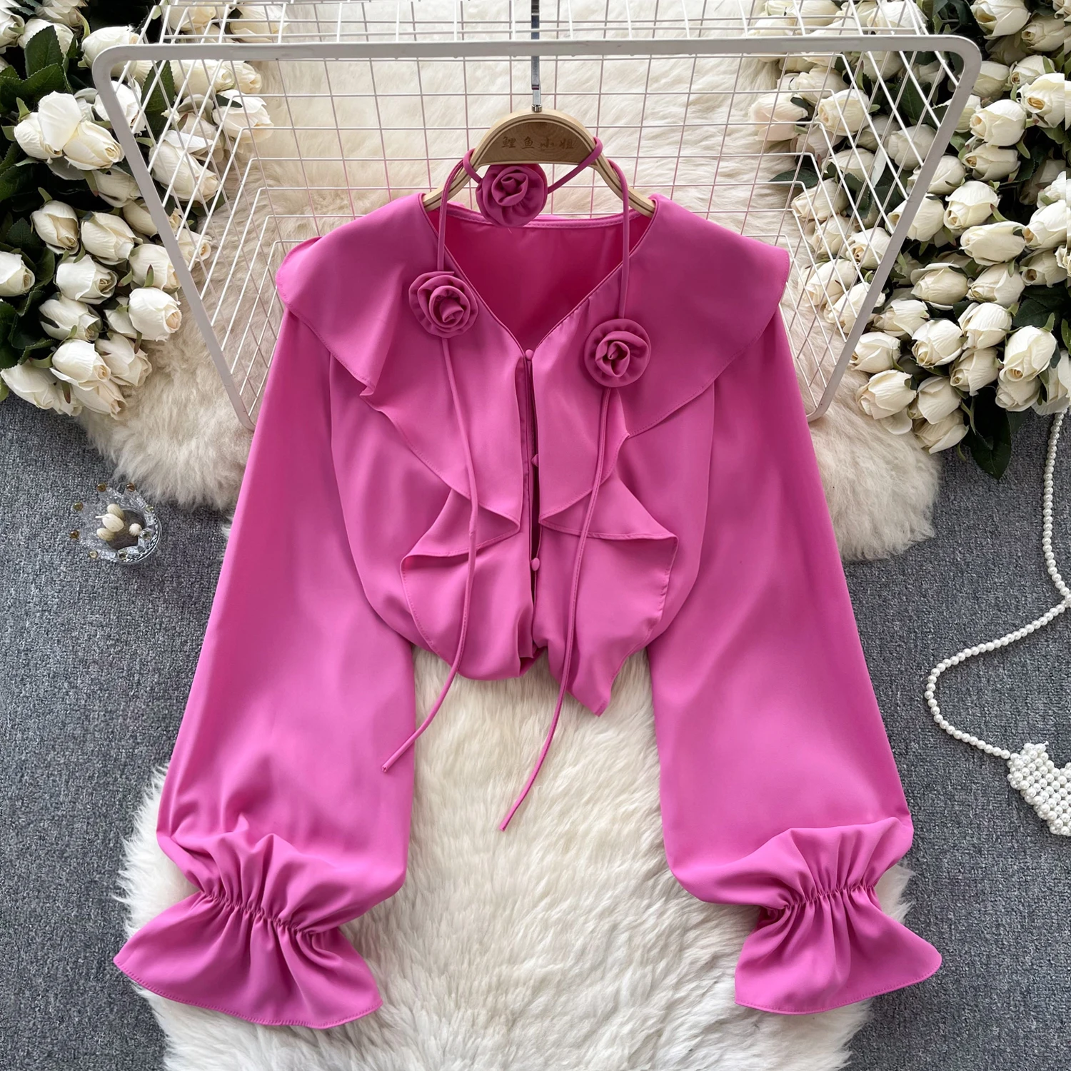 

Camisas De Mujer V Neck Three-dimensional Flower Spring Blouse Women Flounced Edge Solid Color Blusas French Chic Dropship