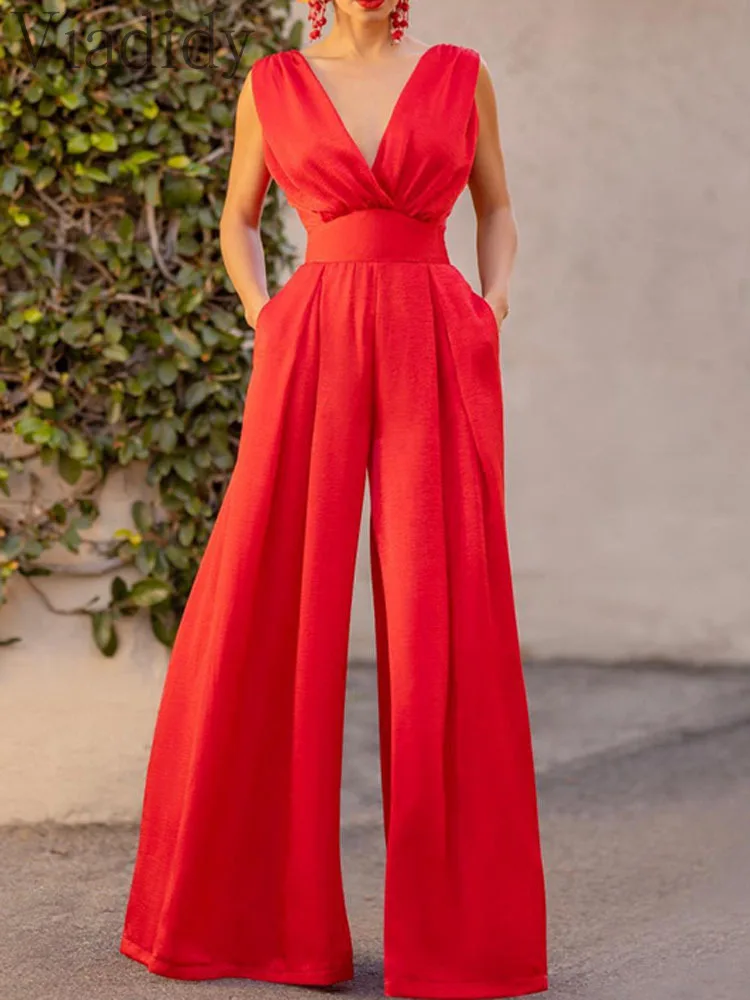 Women Sexy Solid Color Sleeveless Deep V Neck Open Back Wide Leg High Waist Jumpsuit
Women Sexy Solid Color Sleeveless Deep V Neck Open Back Wide Leg High Waist Jumpsuit
