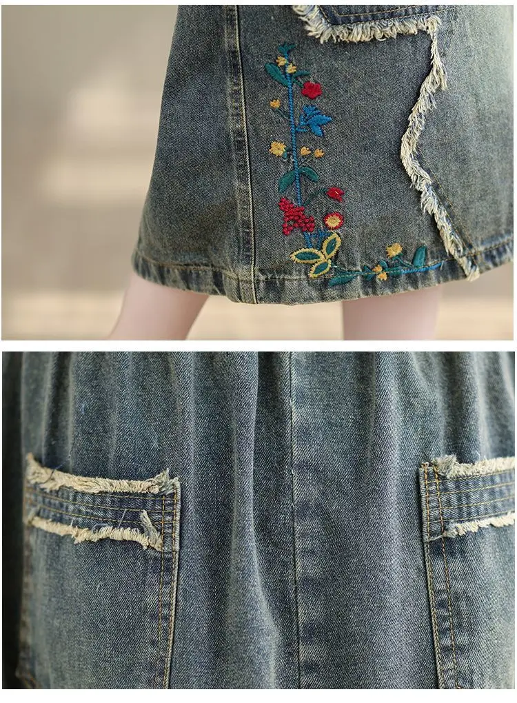 High waist Embroidered Denim Skirt For women Spring Summer 2026 Loose Elastic waist tie Versatile A-line Long Skirts Female 15 Sff524cb295a2456d9b5243d4c192ddc69