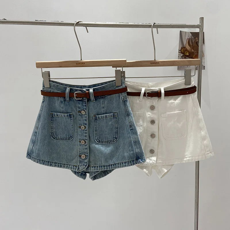 

Chic Jean Shorts Belted Single Breasted Button Pockets A-line Streetwear Korean Style Ins Solid High Waist Short Summer Dropship