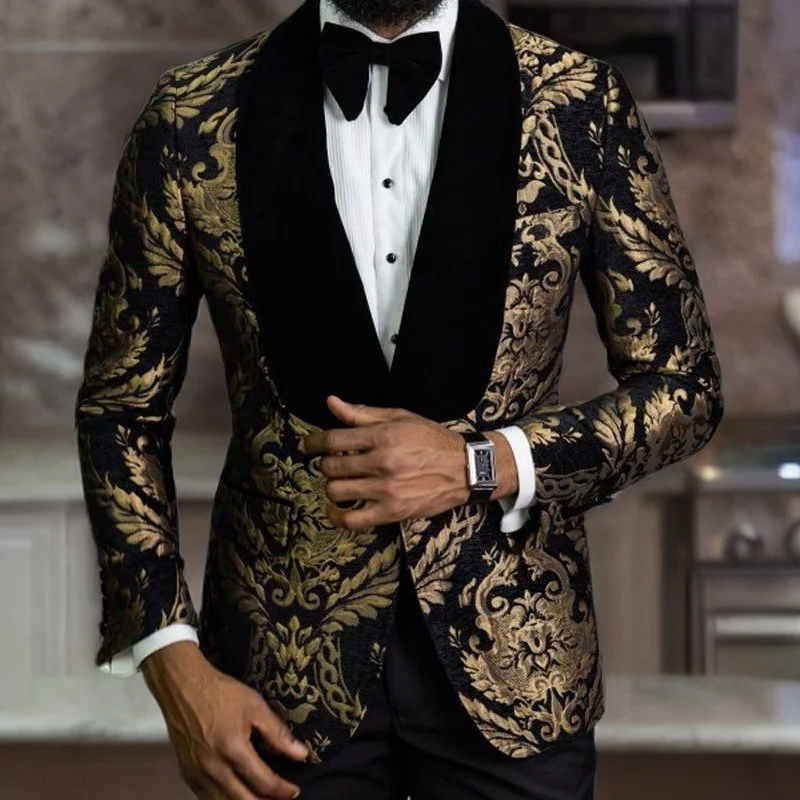 

Floral Jacquard Prom Blazer for Men African Fashion Slim Fit with Velvet Shawl Lapel Male Suit Jacket for Wedding Groom 2024