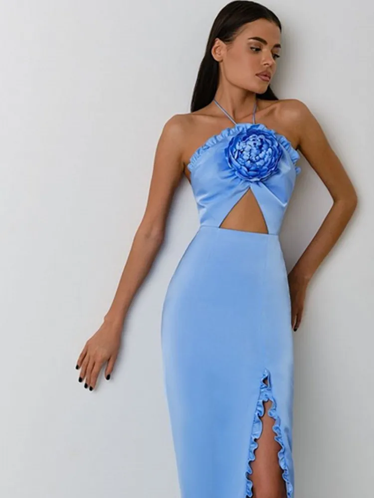 New Women Summer Sexy Backless Halter Flower Sky Blue Ankle Length Split Bandage Dress 2023 Elegant Evening Club Party Dress
New Women Summer Sexy Backless Halter Flower Sky Blue Ankle Length Split Bandage Dress 2023 Elegant Evening Club Party Dress