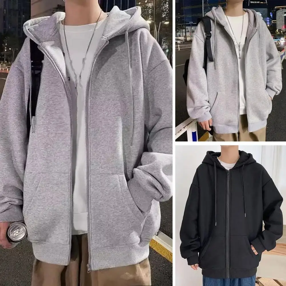 

Men Zipper Closure Coat Men's Hooded Winter Coat with Drawstring Closure Thick Warm Streetwear Jacket for Fall Long Sleeve