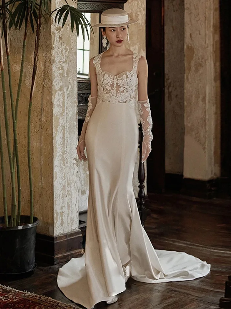 

French Retro Light Wedding Dress Bride Fishtail Hepburn Style Veil Simple Satin Lace Strap Luxury Evening