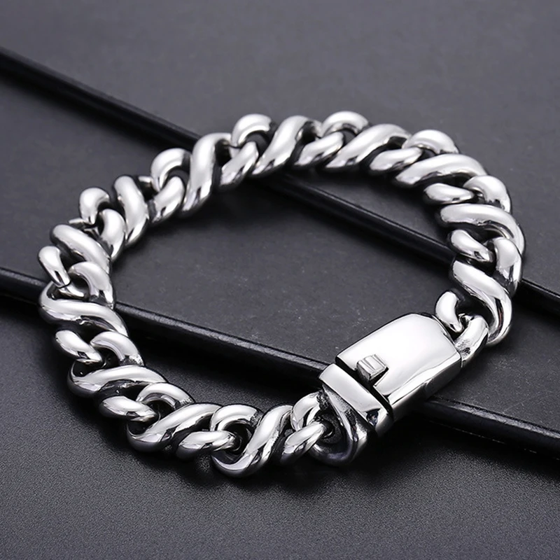 

14mm Heavy Punk Retro Curb Cuban Link Chain Bracelets For Men Hiphop Blank Color Stainless Steel Bike Biker Bangle Jewelry Gifts