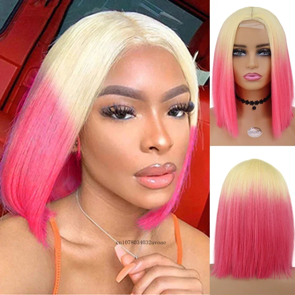 

Synthetic Wigs for Women Short Bob Wig with Bangs Lace Front Wig Pink Cosplay Ombre Blonde Wig with Side Bangs Carnival Party