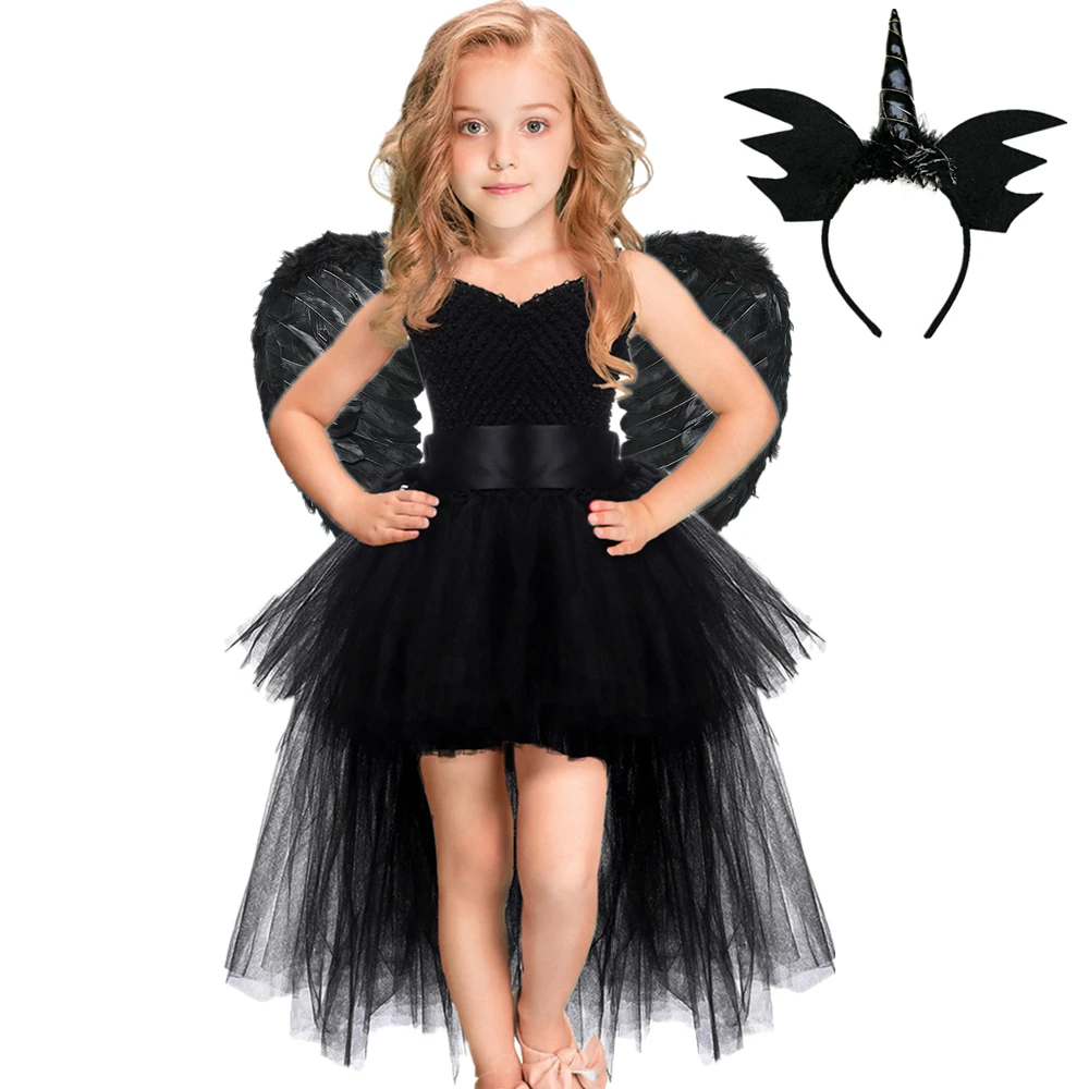 

Girls Black Devil Unicorn Tutu Dress V-Neck Train Fallen Dark Angel Fancy Party Dress Carnival Halloween Costume for Kids 1-14Y