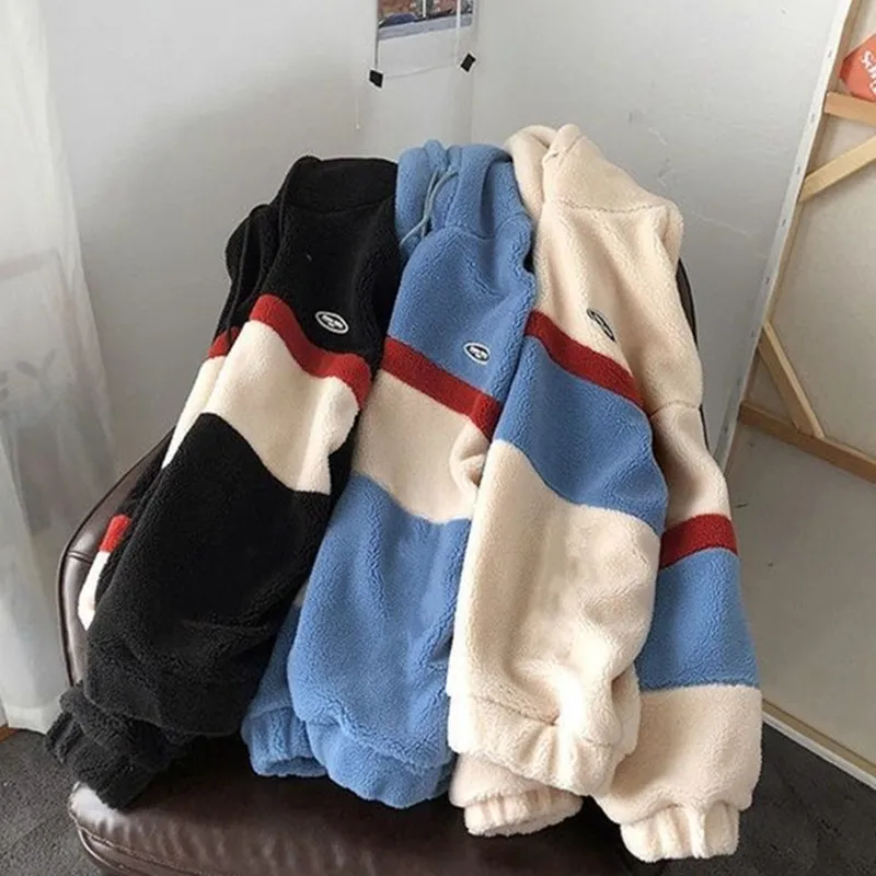 Japanese and Korean Style Fashion Fleece Hoodies Men's Splice Stripe Hooded Sweatshirt Men's Loose Coat Student Casual Top Pullo Japanese and Korean Style Fashion Fleece Hoodies Men's Splice Stripe Hooded Sweatshirt Men's Loose Coat Student Casual Top Pullo