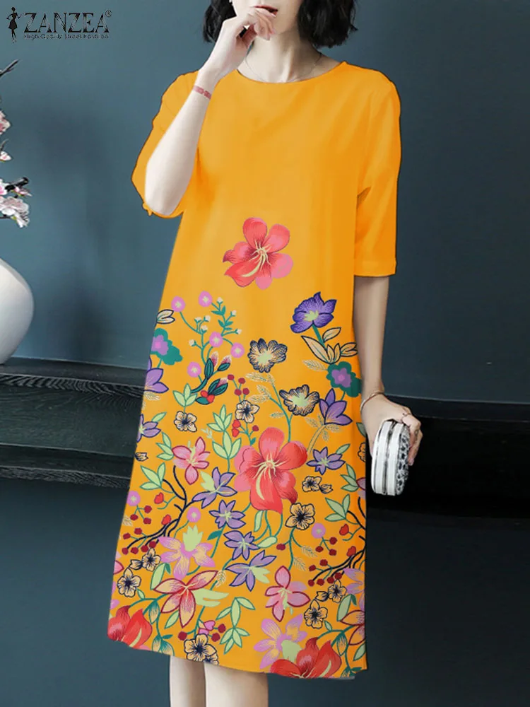 

Платье ZANZEA женское Винтажное с круглым вырезом, длинное с цветочным принтом, праздничное повседневное свободное миди-платье с рукавом до локтя, весна 2024