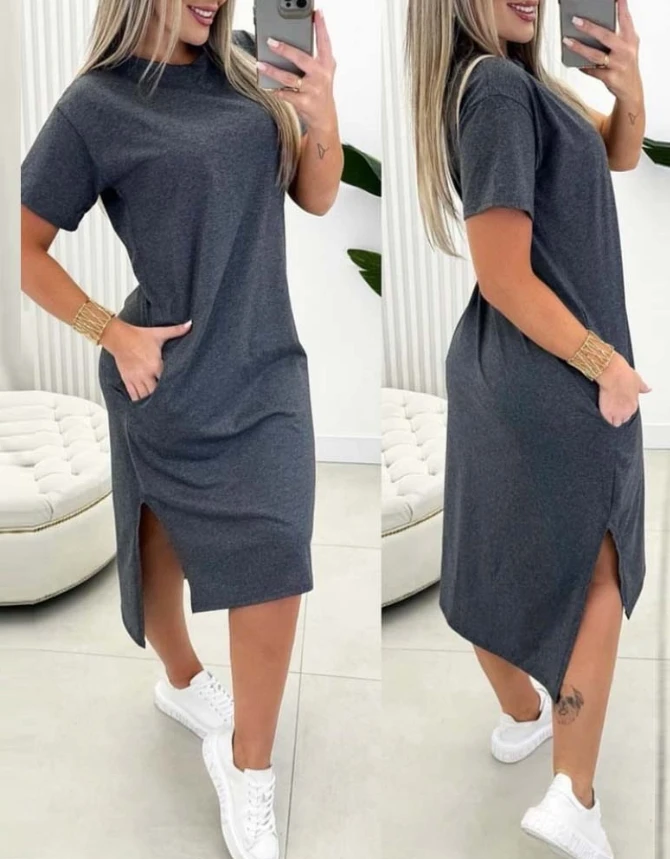 

Youthful Woman Clothes Summer Side Slit Pocket Design Asymmetrical Casual Dress Women's Fashion Short Sleeve Straight Dresses