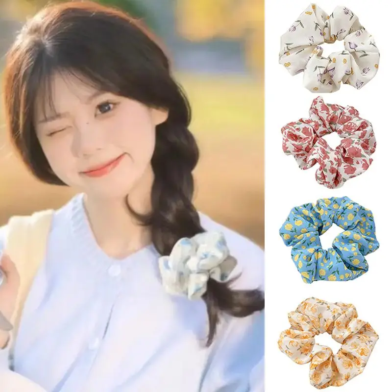 

Floral Printed Hair Scrunchies For Girls Elastic Hair Bands Large Intestine Hair Ring Ponytail Hair Rope Sweet Hair Accessories