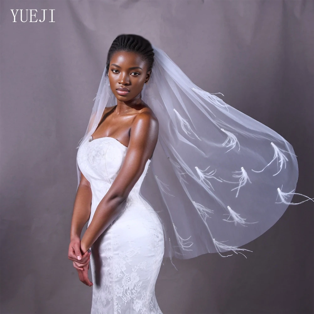 

YUEJI Elegant Bridal Feather Beaded Veil Single Layer White Ivory Veil Elegant Fingertip Original Ideas Wedding With Comb 0195