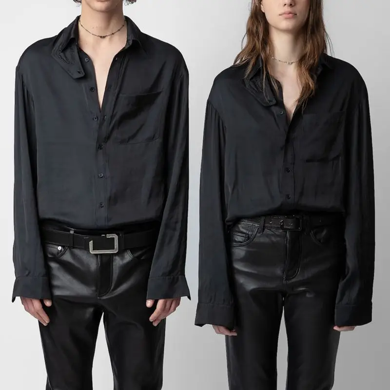 Shirt women's fashion simple men and women with pure black ladies casual long-sleeved shirt sweatshirt work clothes 
Shirt women's fashion simple men and women with pure black ladies casual long-sleeved shirt sweatshirt work clothes