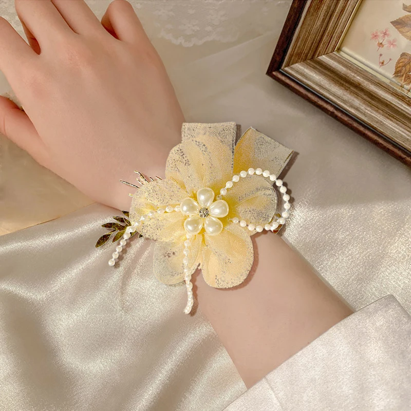 

Elegant Bridal Wedding Wrist Flowers Corsage Women Ribbon Rose Bracelet Prom Party Decorate Jewelry Bridesmaid Accessories