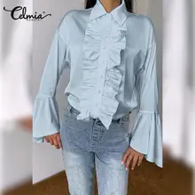 

Celmia Blouses Autumn Fashion Long Flare Sleeve Tops Tunics 2022 Lapel Casual Solid Ruffled Shirts Ladies Elegant Office Blusas