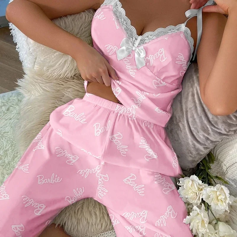 

Barbie Kawaii Sleepwear Homewear Anime Cute Cartoon Pink 2-Piece Women's Lace Suspenders Home Pajamas Set Birthday Gift