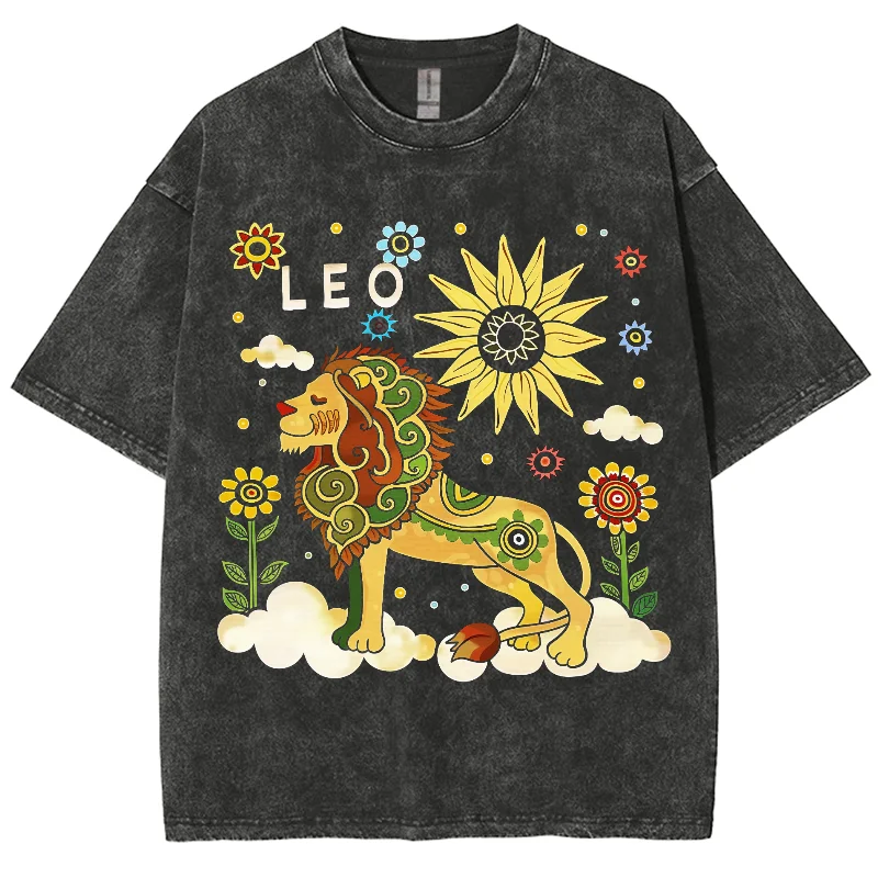 

Constellation Y2K Washed Tshirt, Leo Cartoon Lion Starry SkyC1, Oversized Streetwear Vintage Washed Short T-shirts For Men Women